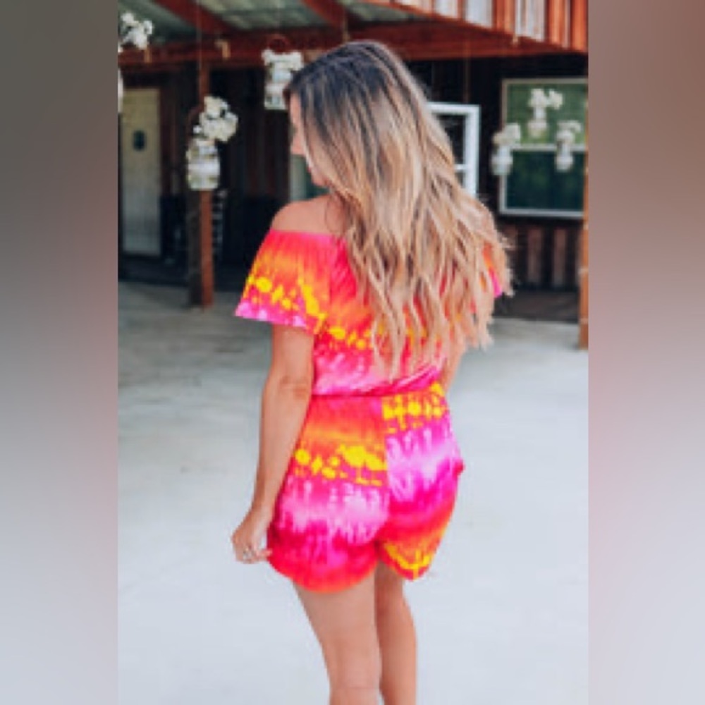 NWT-White Birch Sz Lg pink/orange/yellow tie die short sleeve romper w/pockets. - Picture 2 of 11